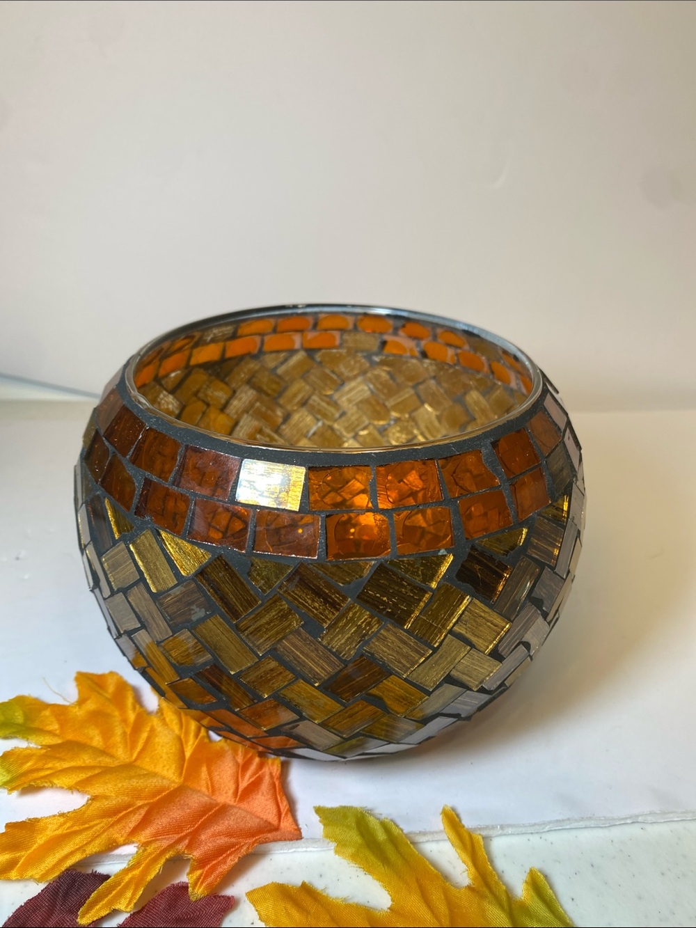 Amber Mosaic Glass Candle Holder Vase Votive Bowl